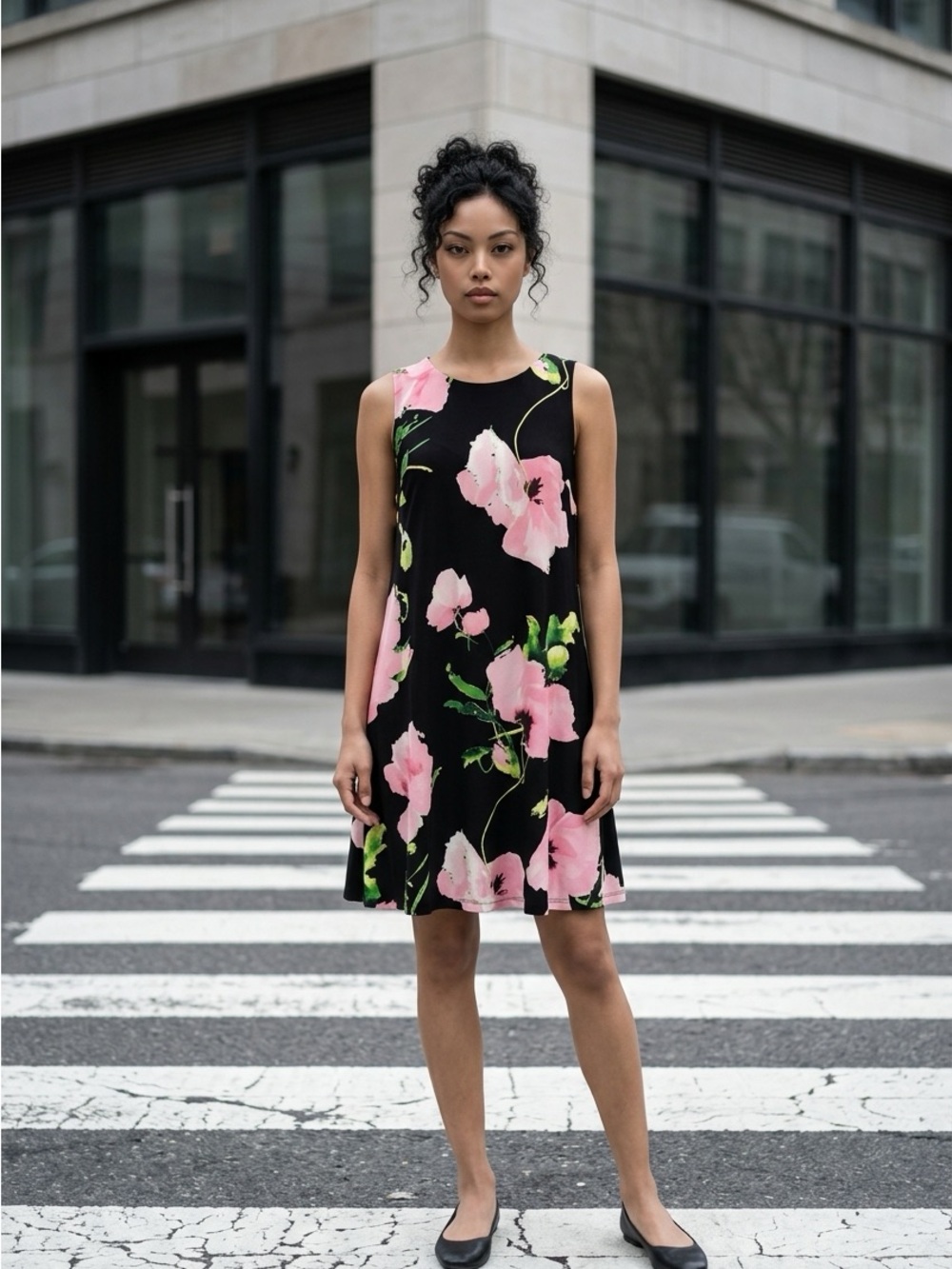 Anne Klein Black Dress with Pink and Green Floral Design